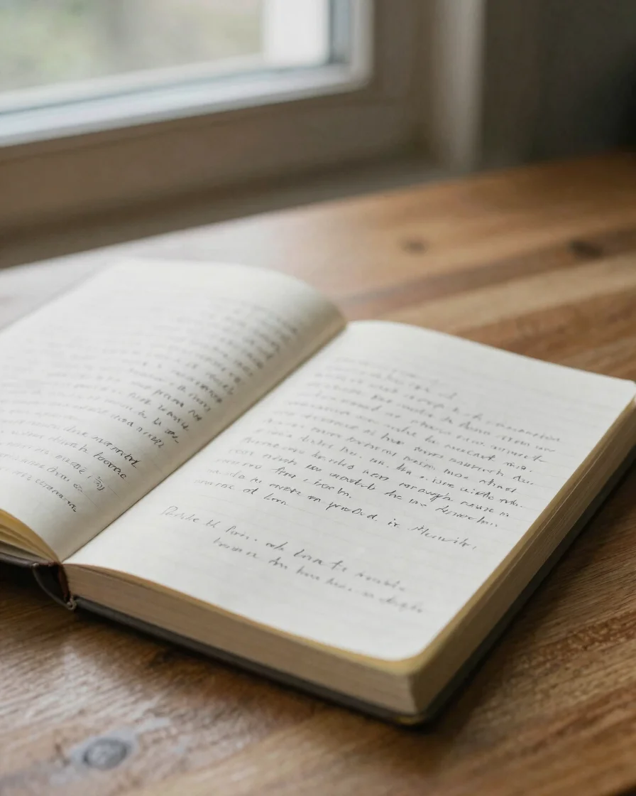 Editorial photograph of an open notebook with handwritten pages on a wooden desk, soft natural daylight from a window, r