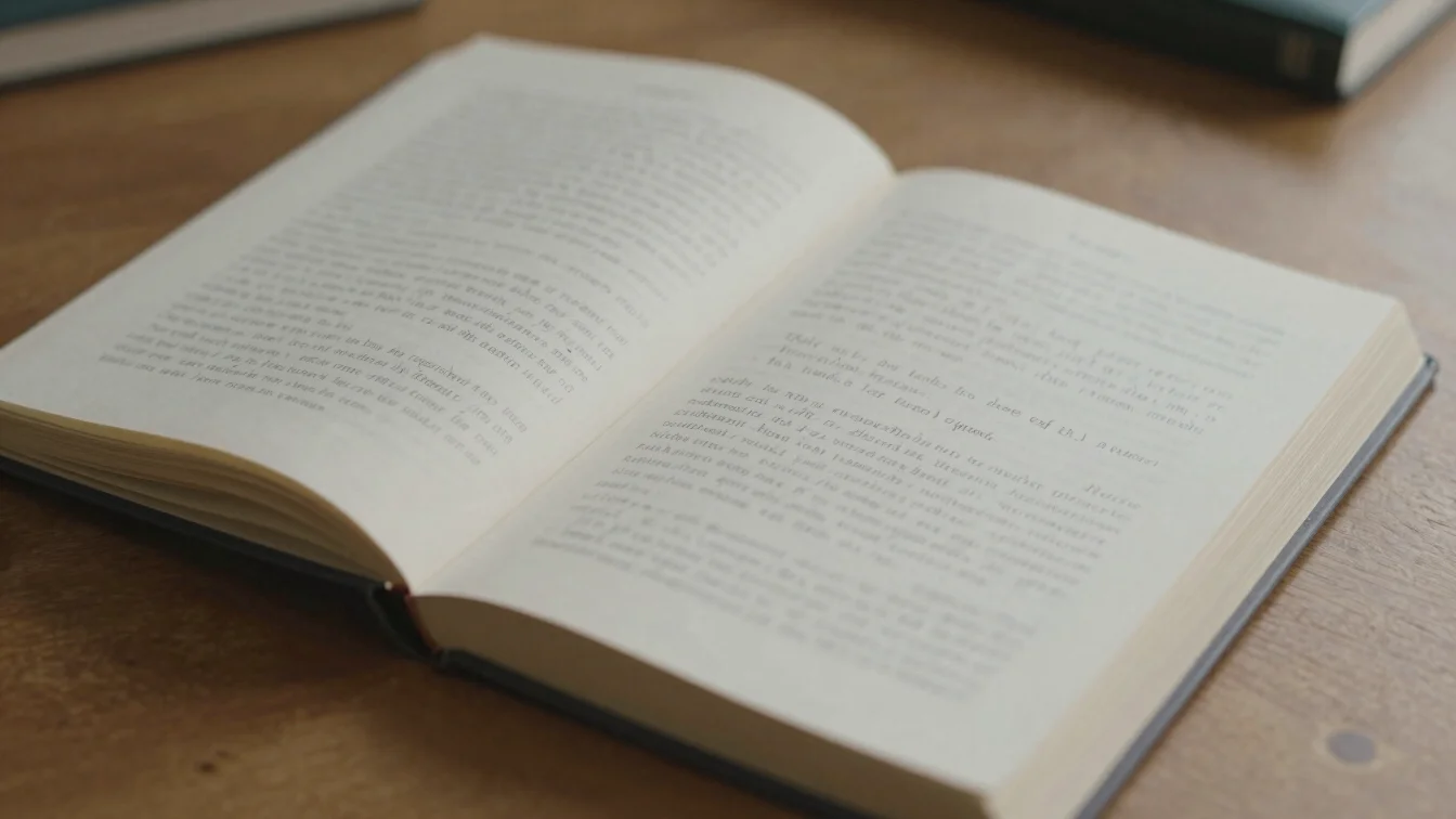 Editorial photography of an open manuscript on a wooden desk, han