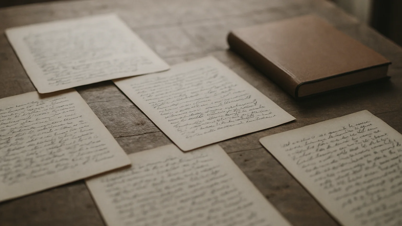 Editorial photography of handwritten script pages spread on a wor