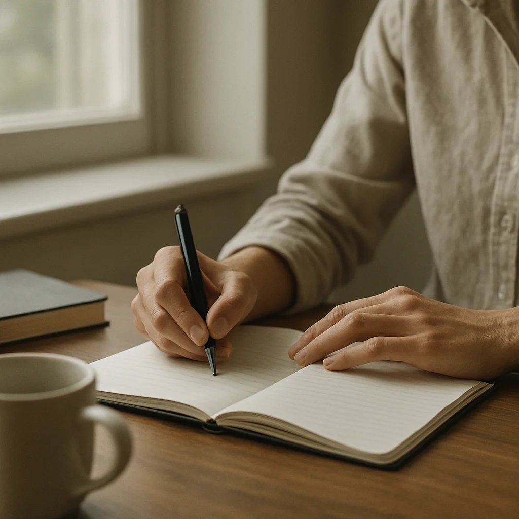 Editorial photography of hands writing in a notebook at a desk by a window, soft natural daylight, restrained ink-and-pa