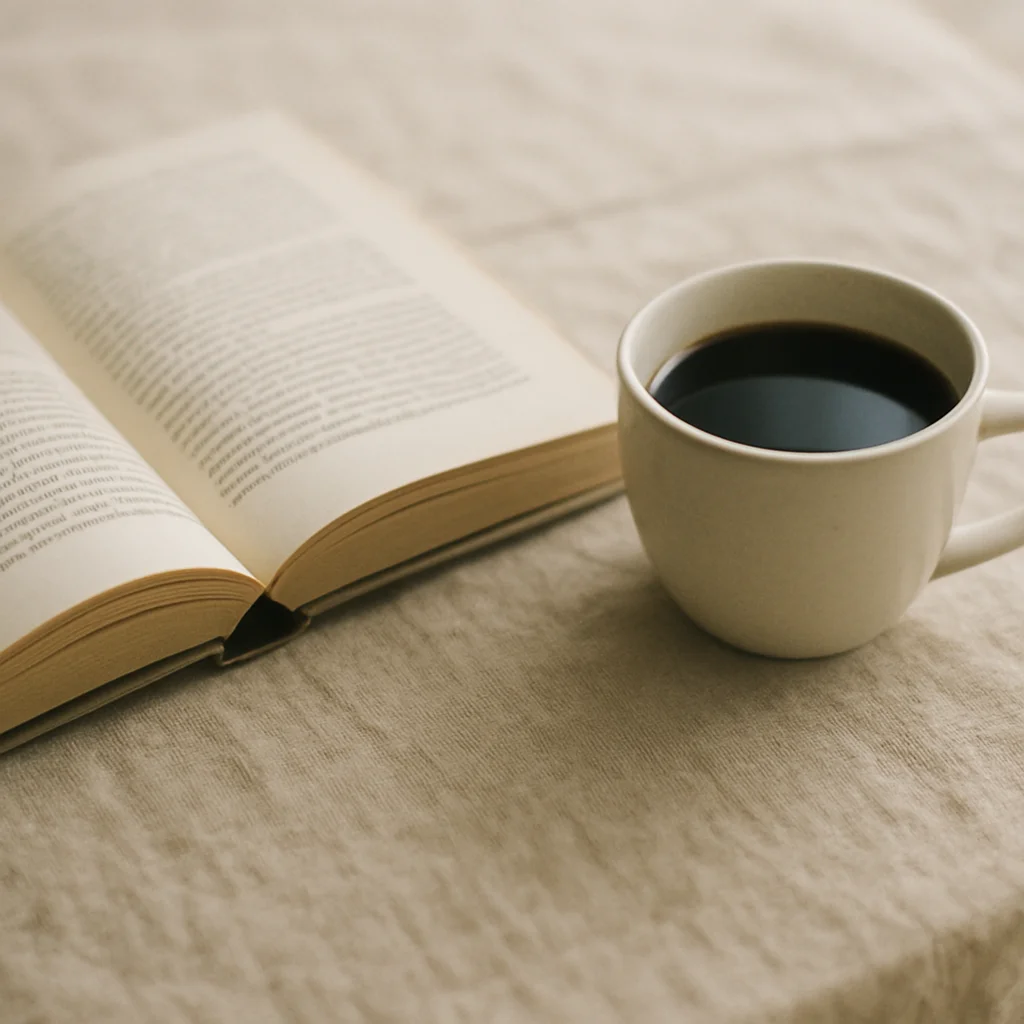 Editorial photography of an open book beside a cup of coffee on a linen cloth, soft natural daylight, restrained ink-and