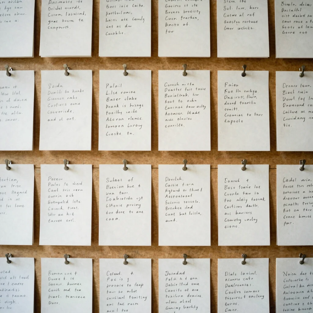 Editorial photography of index cards with scene notes pinned on a wooden board, soft natural daylight, restrained ink-an