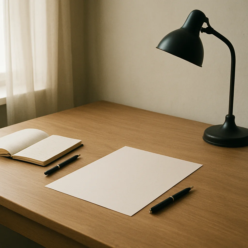 Editorial photography of a wide empty writing desk with paper, pens and a lamp, soft natural daylight, restrained ink-an